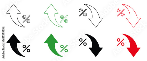 Set of percentage icons with upward and downward arrows in outline and solid styles, representing financial growth and decline, isolated on transparent backgroun