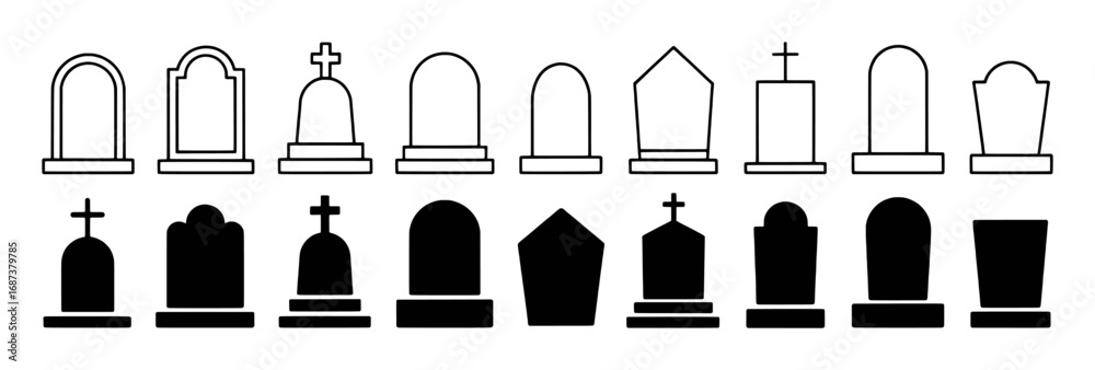Fototapeta premium Collection of Tombstone and Gravestone Icons in Black and White