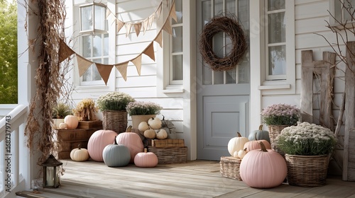 Charming porch decorated with pastel pumpkins, flowers and rustic autumn elements
