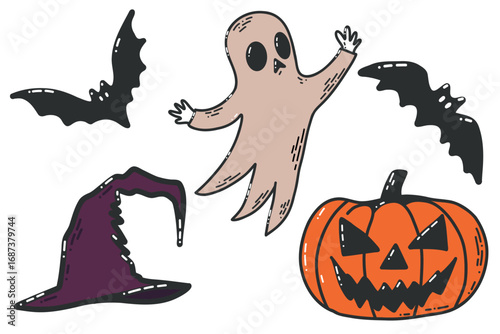 Playful Hand-Drawn Halloween Illustrations of Ghost, Bats, Pumpkin, and Witch Hat. A charming set of hand-drawn Halloween sketches, including a ghost, bats, a pumpkin, and a witch's hat. 