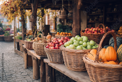 Rustic farmers market with baskets of apples, pumpkins, and vegetables on wooden stalls during autumn season