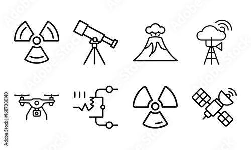 Collection of Science and Technology Icons – Drone, Circuit Board, Radiation Hazard Symbol, Telescope, Satellite Dish, Volcano Eruption, and Weather Station Outline Illustrations on White Background