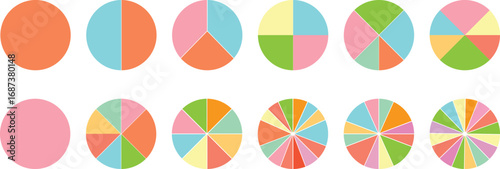 Pie Chart Icons Set, Colorful Circle Infographic Diagrams with Multiple Segments for Data Analysis, Business Presentation, Web and UI Design Vector