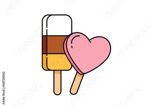 Vector illustration of two popsicles, one layered and one heartshaped, representing summer treats and frozen desserts