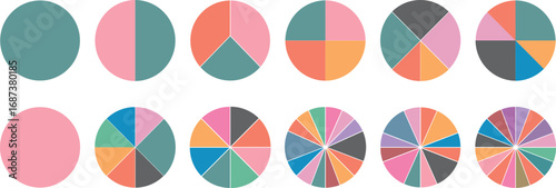Color Pie Chart Icons Set, Circular Infographic Segments, Wheel Diagram Slices, Cycle Graph Vector Illustration