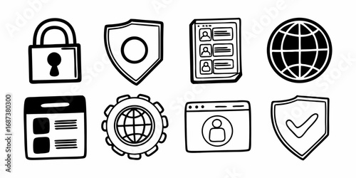 Collection of hand drawn icons representing security privacy and internet concepts