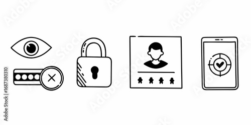 Collection of hand drawn icons representing security privacy and user authentication concepts