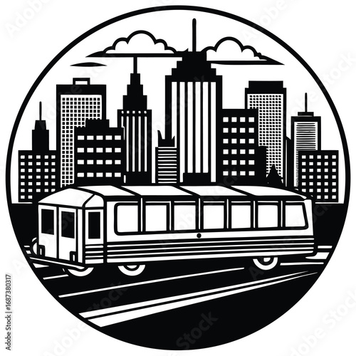 Vector illustration of a cartoon cityscape with a bustling street, cars, and buses, depicting urban travel and transportation