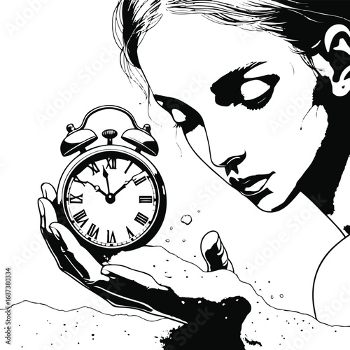 Minimal black and white line drawing of a person holding a clock that melts into sand, surreal doodle vector illustration
