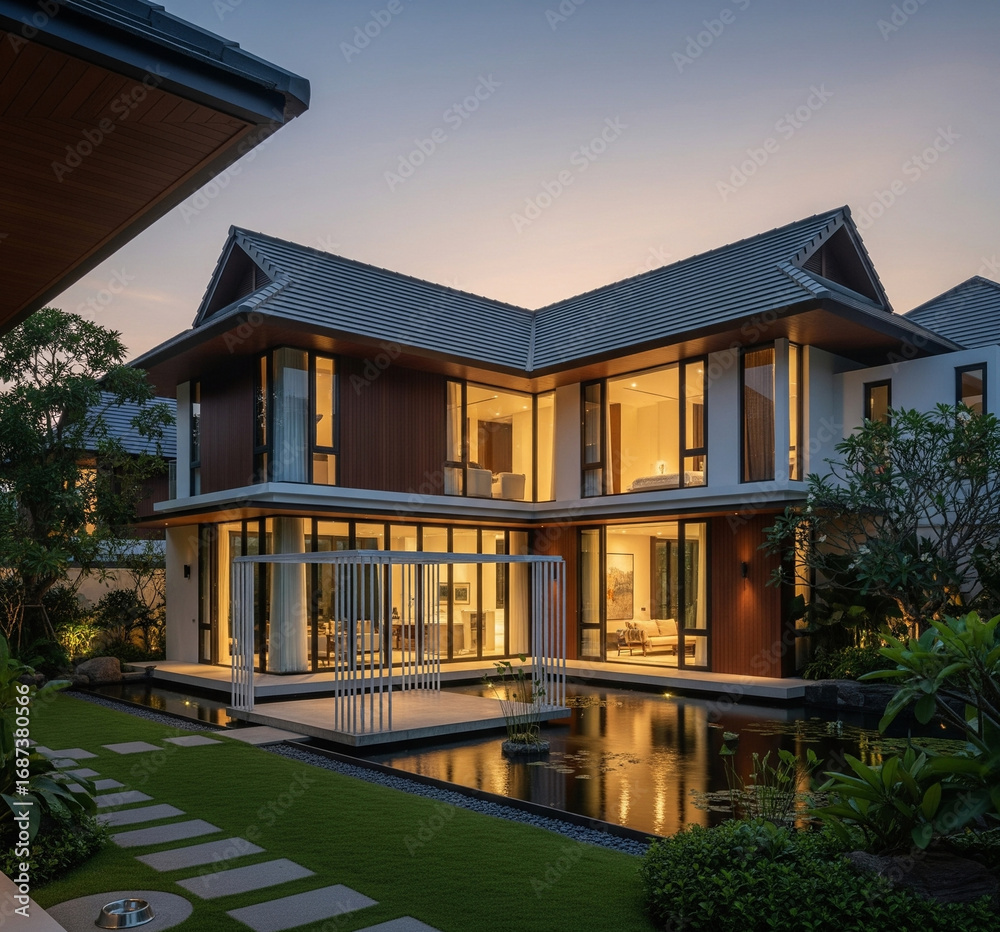 Fototapeta premium Stylish Residential Architecture with Balcony, Plants, and Warm Lights