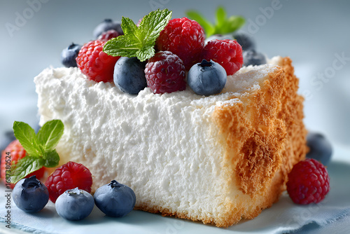 Slice of angel food cake with fresh berries and mint on a pastel background