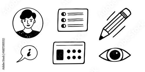 Collection of hand drawn icons representing user profile checklist writing information and observation