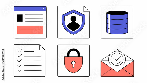 Collection of modern flat design icons representing security data management and communication concepts
