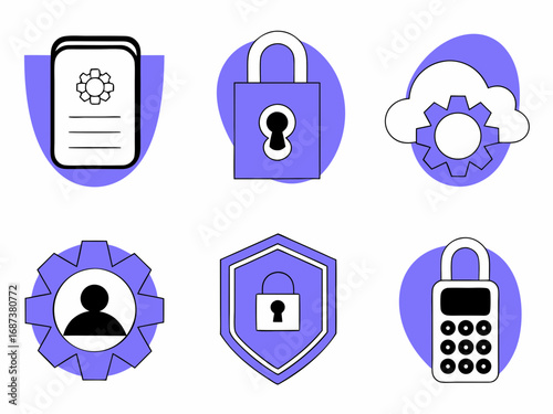 Collection of modern flat design icons representing security privacy and data protection concepts