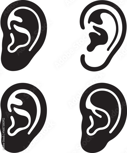 Four black and white ear silhouettes human ear
