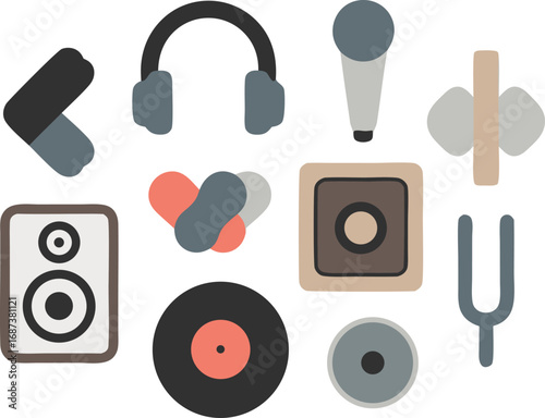 Isolated Stylized Flat Lay Featuring MusicThemed Items Like Headphones, Record, Speaker, and a Microphone