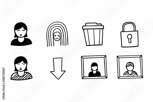 Collection of simple hand drawn icons including people trash can lock and frames