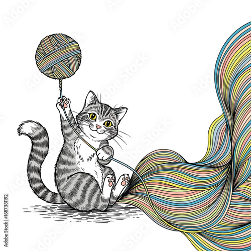 Whimsical handdrawn illustration of a playful tabby cat holding a ball of yarn that unravels into a colorful wave.