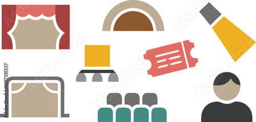 Isolated Theatre Icons Set Stage Curtains, Seats, Spotlight, Ticket, Audience Member, and Auditorium