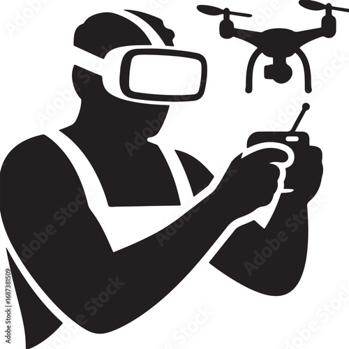 Silhouette of a person wearing a virtual reality headset and holding a remote control, with a drone flying above.