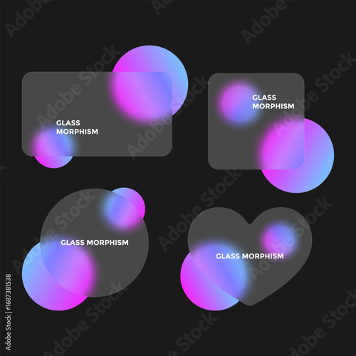 A collection of translucent geometric shapes interacts with blurred circles, showcasing a design inspired by glass morphism. This arrangement creates a vibrant, deep aesthetic.