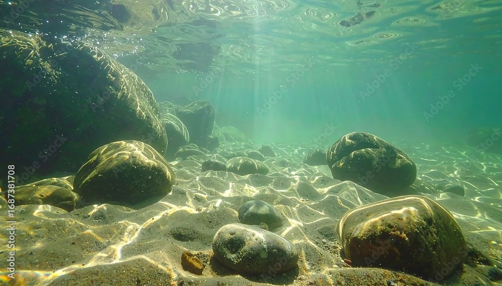 Obraz premium Underwater riverbed scene, sunlight beams