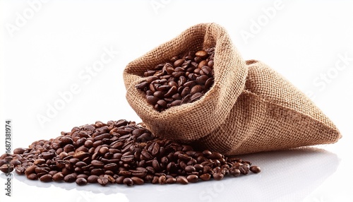 burlap sack overflowing with roasted coffee beans isolated on white background