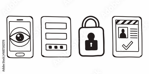Hand drawn icons representing digital security concepts including surveillance login and identification