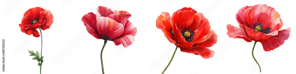 Fototapeta premium Red poppy flowers symbolize remembrance day with delicate petals and green stems in natural and peaceful arrangement watercolor