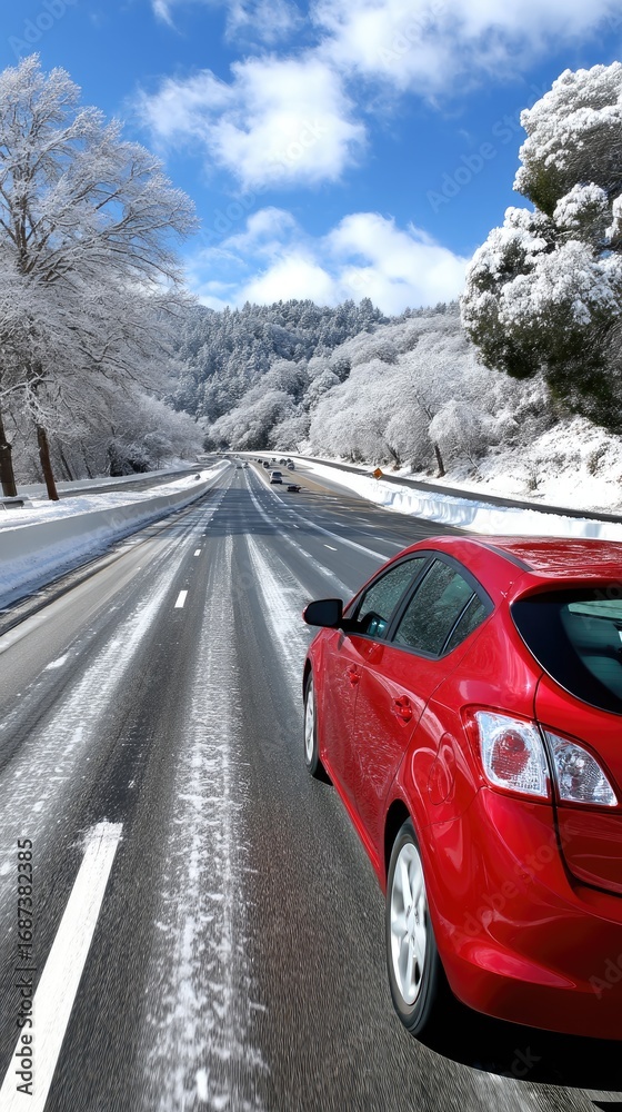 Naklejka premium A white car navigates a winding winter road, gliding through a snowy landscape framed by majestic mountains and evergreens