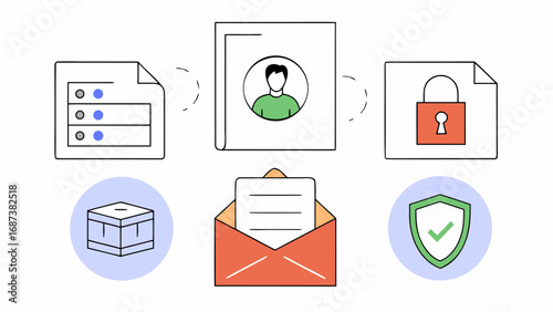 Secure data management process with identity verification and document protection icons