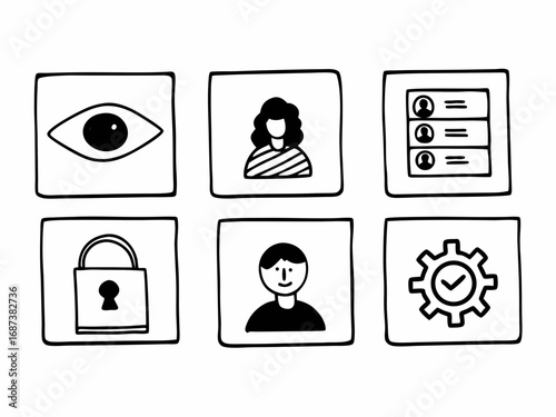 Set of six hand drawn doodle icons representing user profile privacy security and settings