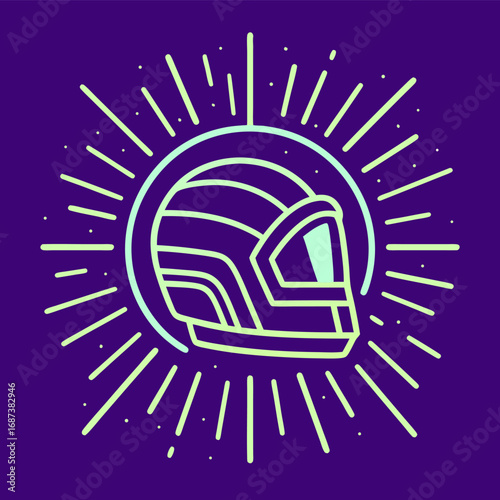 Outlined space helmet with radiating lines in a bold circular emblem