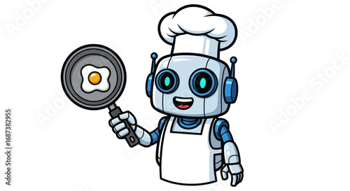 Cartoon Robot Chef Holding Frying Pan with Egg.