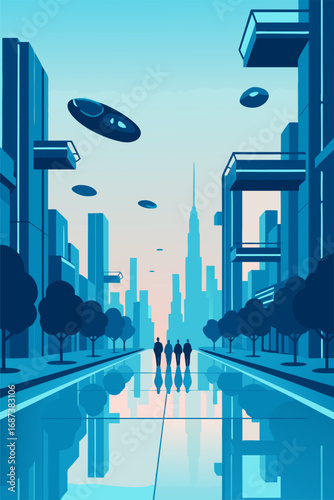 Futuristic city street with glass buildings neon glow and water reflections modern urban landscape sci fi skyline night walkway technology ambience architecture concept background