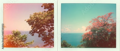 Two vintage instant film photos of lush green trees and vibrant pink and orange flowers overlooking a calm blue ocean under a clear sky