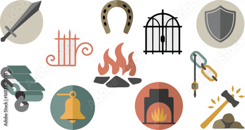 Medieval Cartoon Icons Sword, Shield, Fire, Cage, Bell, Horseshoe, Anvil, Chains, Gate and Scrolls