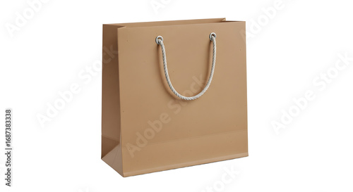 Tan paper shopping bag with rope handles on transparent background