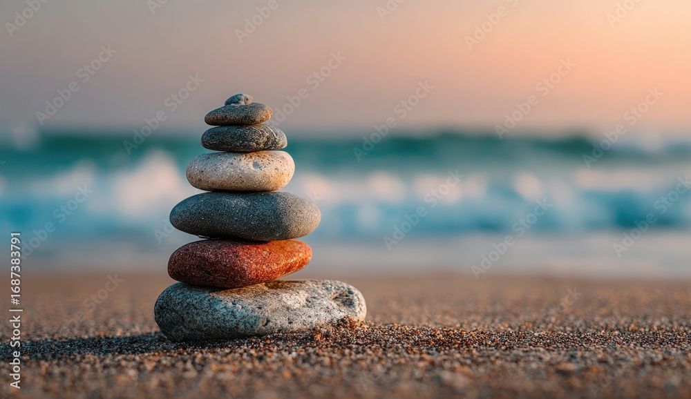 Fototapeta premium A balanced tower of smooth, colorful stones sits on a sandy beach, with ocean waves in the background at sunset