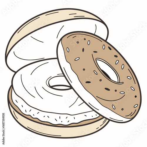 Vector graphic illustration of a classic breakfast bagel, sliced and filled with a creamy cheese spread, topped with sweet sprinkles