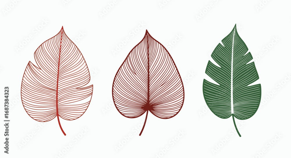 Obraz premium Elegant tropical leaf illustrations for modern design projects in vibrant green and terracotta tones