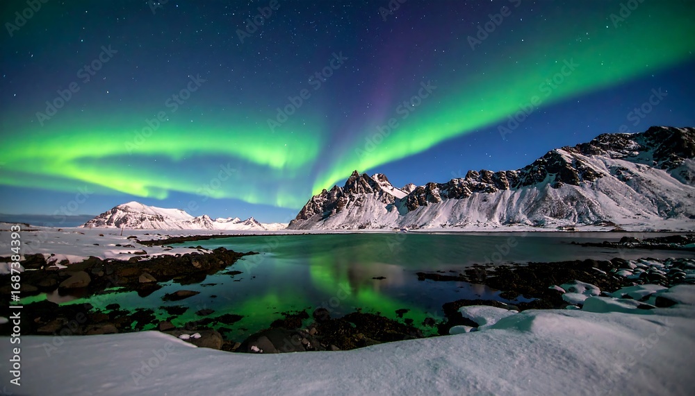 Naklejka premium Majestic aurora borealis over a winter landscape