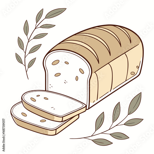 Artistic doodle of a sliced homemade bread loaf with leafy sprigs. A charming hand-drawn illustration for bakery and wholesome food concepts