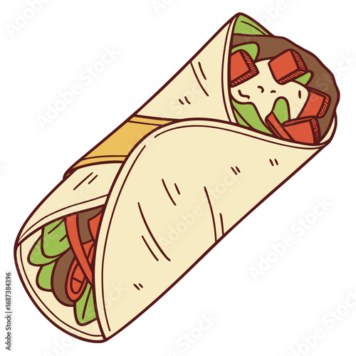 A delicious and appetizing hand-drawn illustration of a classic Mexican burrito, showcasing a savory wrap filled with fresh ingredients for a flavorful fast food meal
