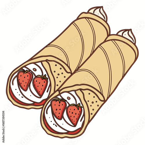 Two delicious crepes filled with whipped cream and fresh strawberries, a perfect sweet treat