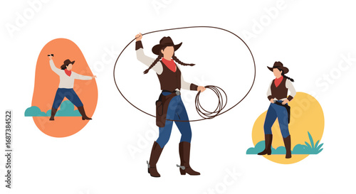 Dynamic cowgirl silhouettes showing roping, lasso action, and confident poses in the wild west