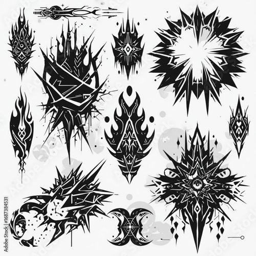 Collection of black and white abstract tribal and geometric designs