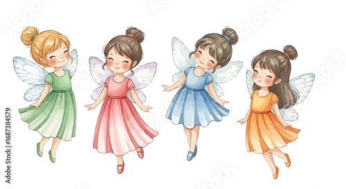 Enchanting fairy friends in vibrant dresses.