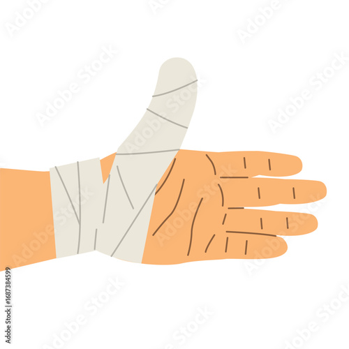 injured thumb with bandage; medical and healthcare concept, finger injury, first aid, trauma, protection- vector illustration
