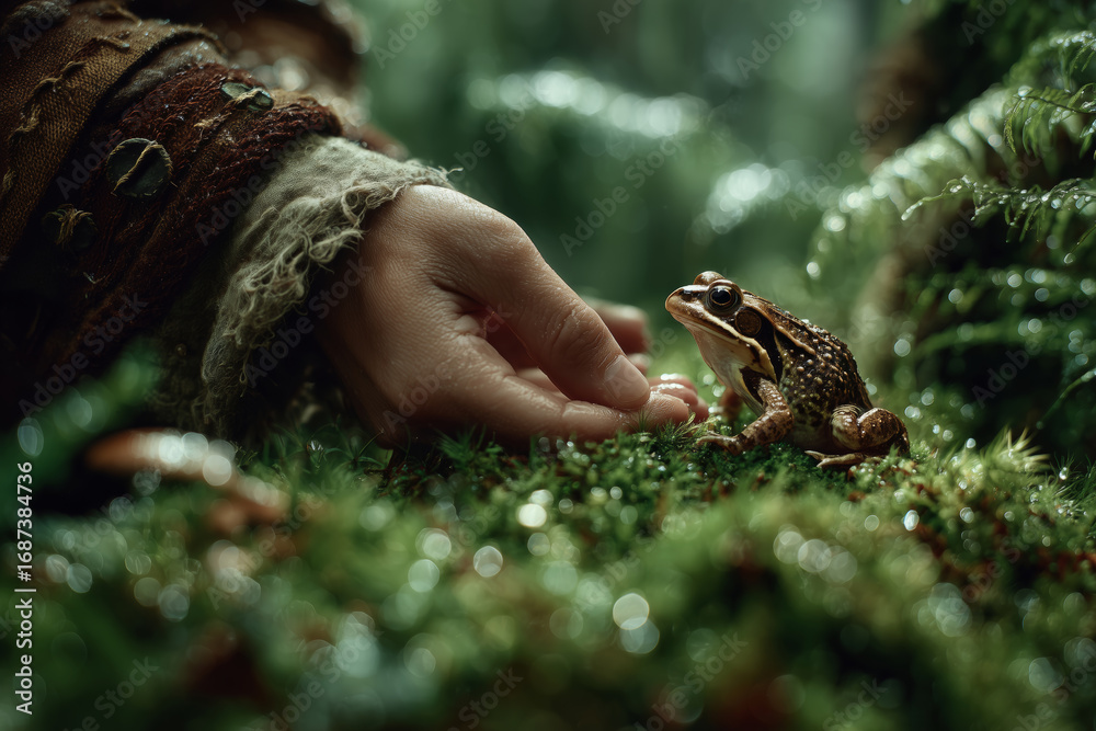 Obraz premium Hand gently reaching out to connect with a frog in a lush, green forest